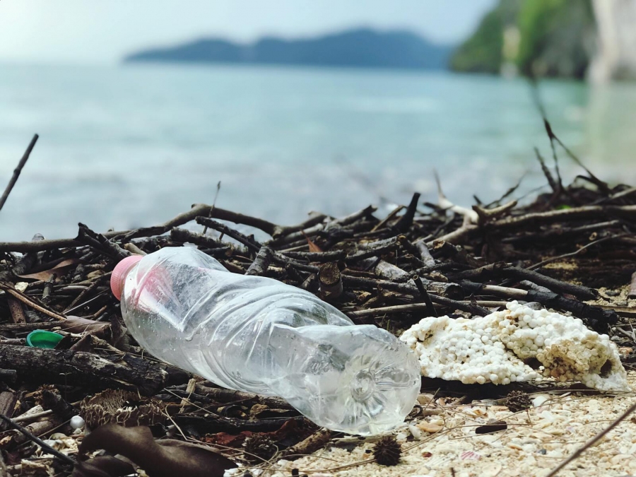 Plastikflasche und Styropor an einem Strand