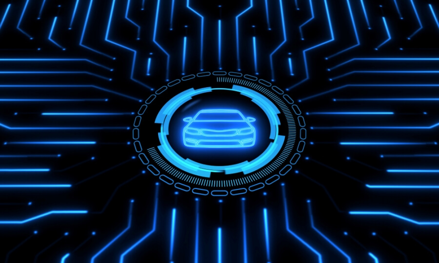 Icon eines Autos umrundet von einem blau leuchtenden Kreis