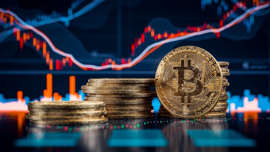 Mehrere Bitcoin im Vordergrund, Börsenchart im Hintergrund