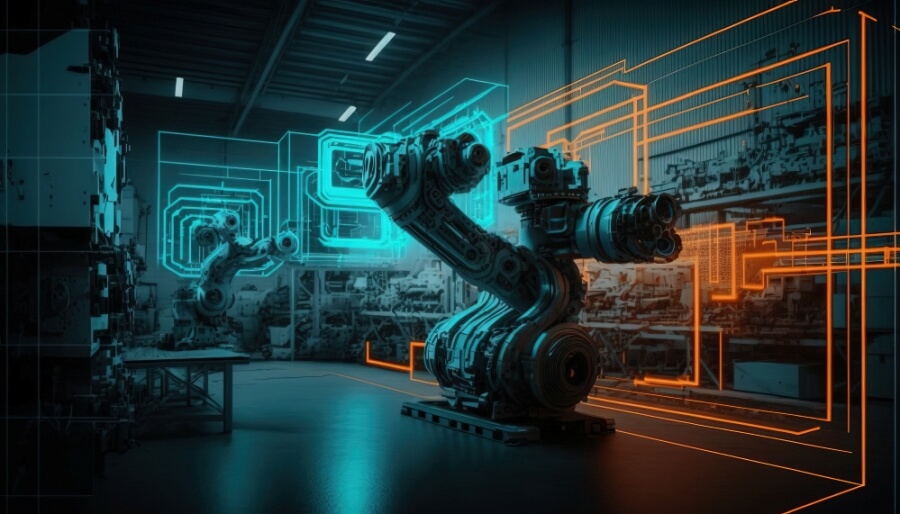 Maschinen in einer Betriebshalle mit blauen und orangen lasern - Symbolbild Industrie 4.0