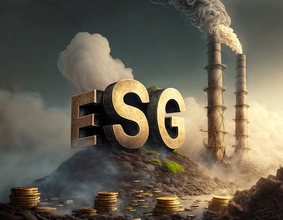 Der Schriftzug ESG, im Hintergrund rauchende Schornsteine, davor Münzen.