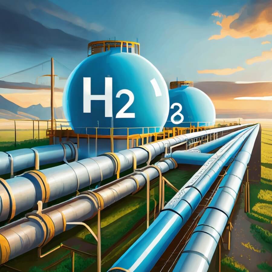 Wasserstoff Pipelines auf einem Gelände und H2 Symbol 