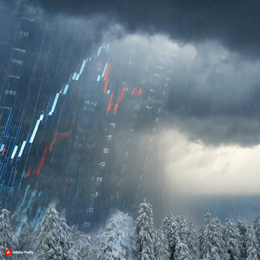 Börsenchart und sich annähernder Wintersturm als Fotografie