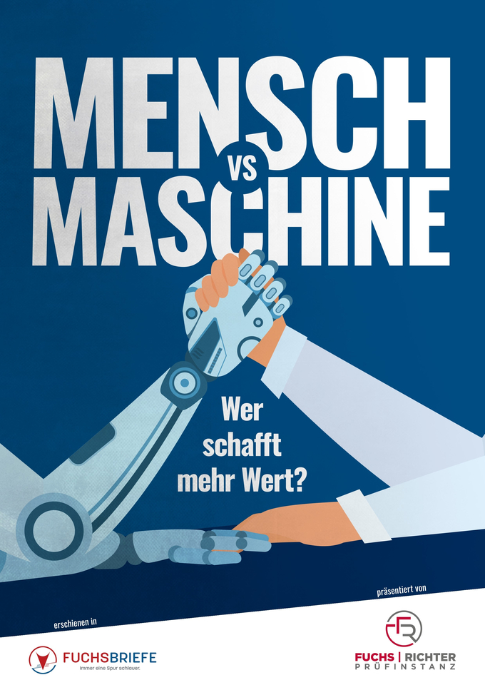 Cover TOPs 2020 "Mensch vs. Maschine": Ein Roboterarm und ein menschlicher Arm beim Armdrücken.