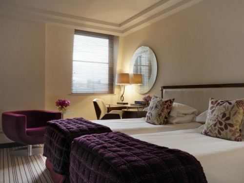 Hotelzimmer, Bett mit lila Bettdecken, daneben ein violetter Sessel