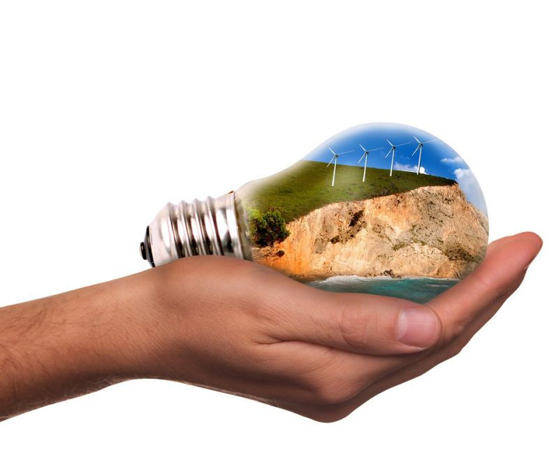 Eine Hand hält eine Glühbirne, die eine Landschaft mit Windrädern enthält.