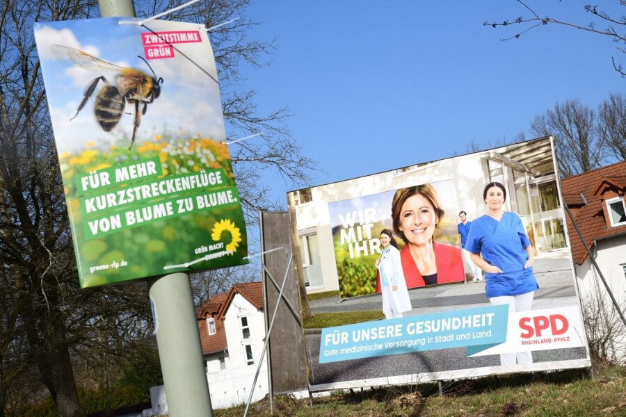 Wahlplakate der SPD und der Grünen, Landtagswahl Rheinland-Pfalz 2021