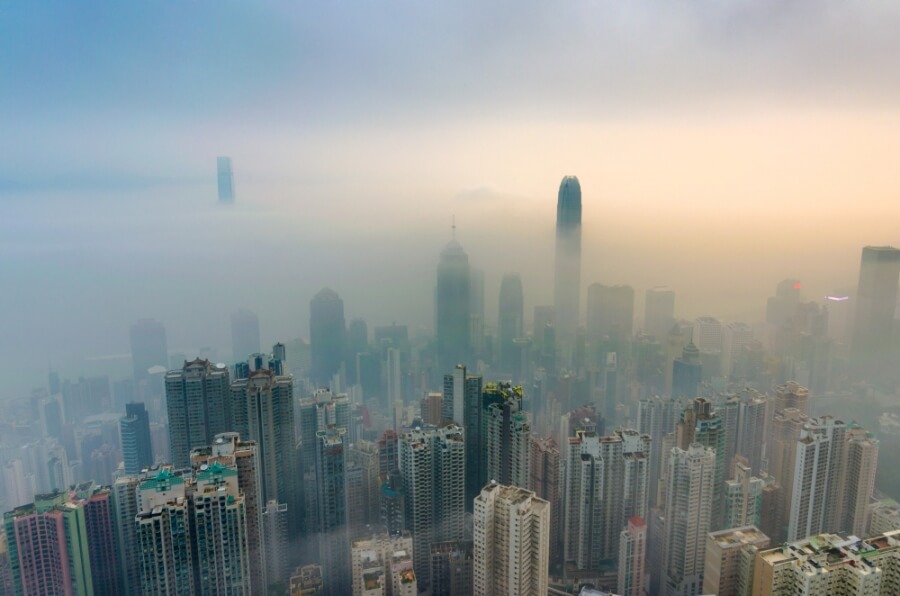View of Hong Kong from Victoria peak in a foggy morning.