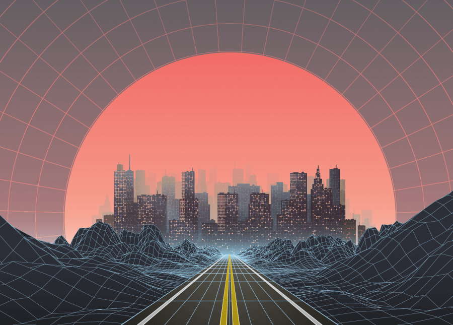 Eine virtuelle Welt, im Vordergrund eine Straße, im Hintergrund eine Stadt