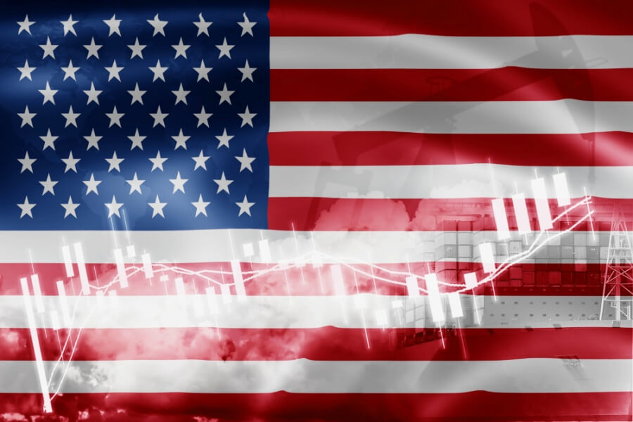 Aktienchart, im Hintergrund die US-Flagge