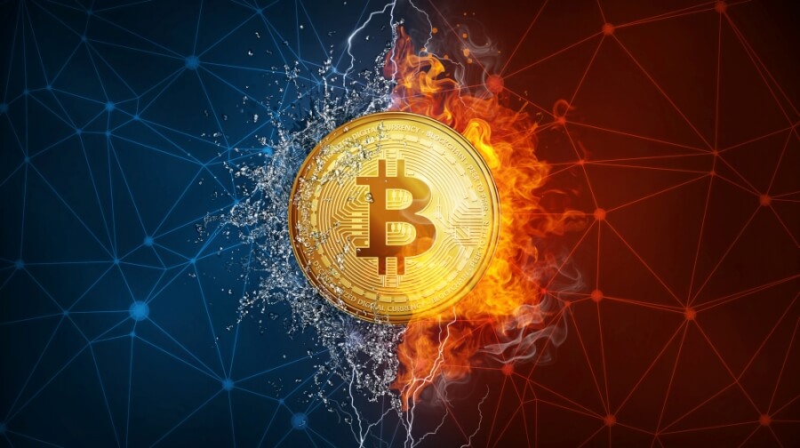 Bitcoin vor blauem und rotem Hintergrund