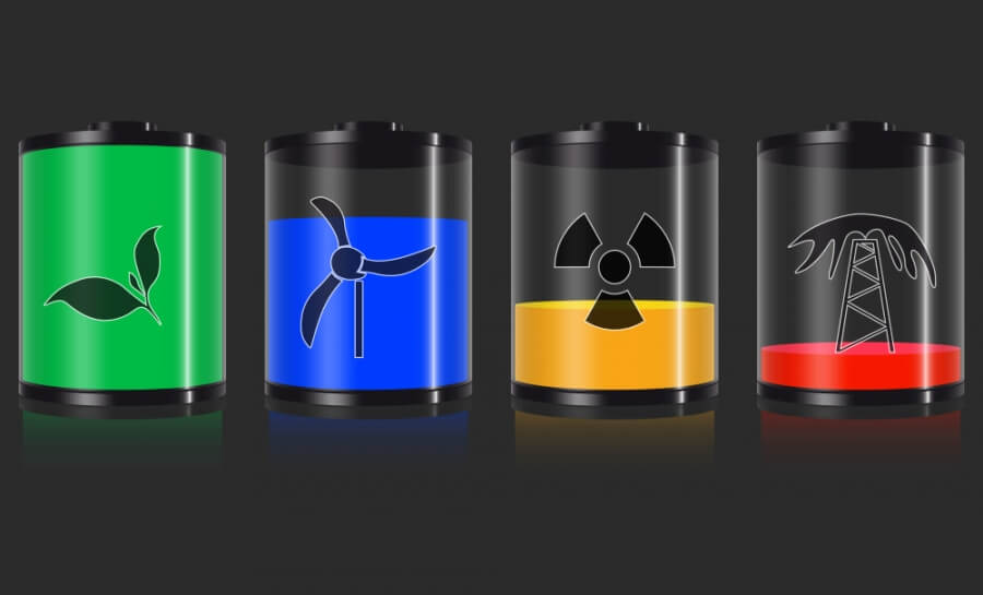 Batterien in verschiedenen Farben mit unterschiedlichen Energiesymbolen