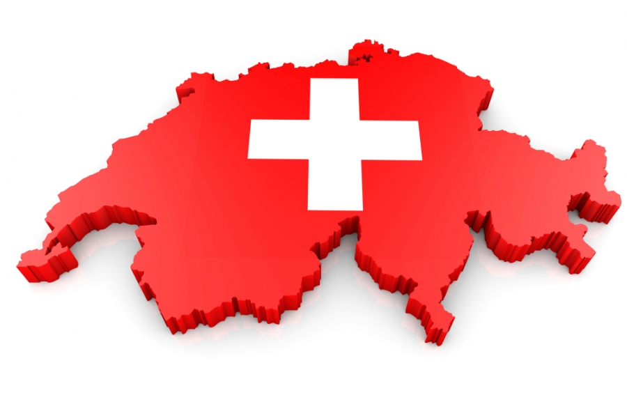 Umrisskarte der Schweiz in Rot mit weißem Kreuz