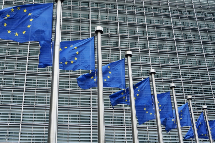 Mehrere Flaggen der Europäischen Union wehen an Fahnenmasten