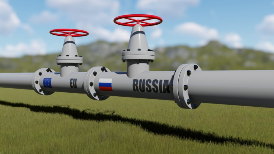 Pipeline mit Hahn und Aufschrift EU und Russia