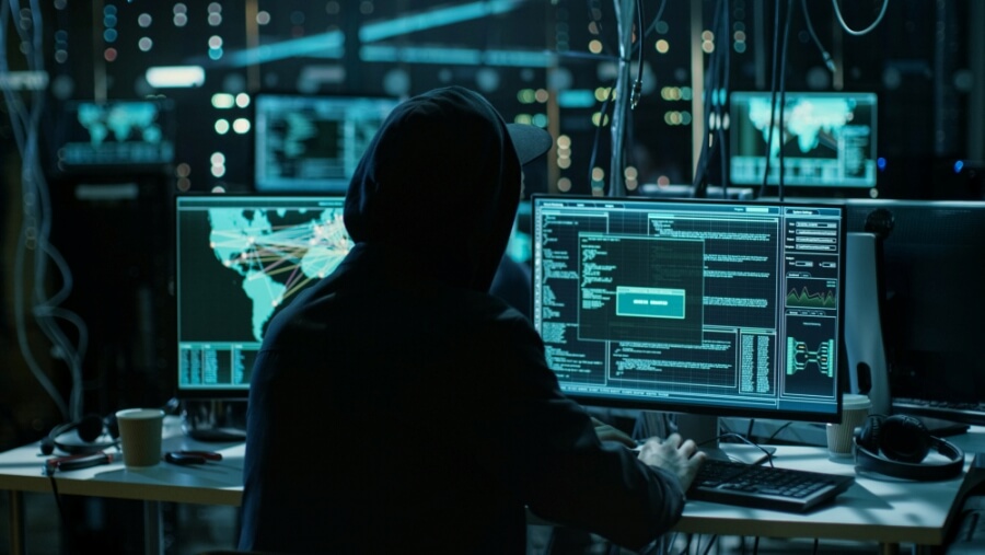 Hacker mit schwarzer Kapuze sitzt an einem PC 