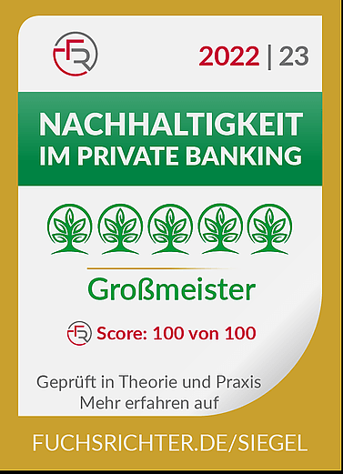 Siegel "Nachhaltigkeit im Private Banking" Beispiel mit Wertung "Großmeister"
