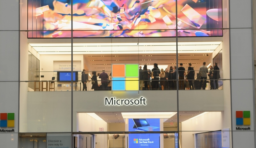 The flagship Microsoft Store in New York, featuring a digital art installation by Tabor Robak