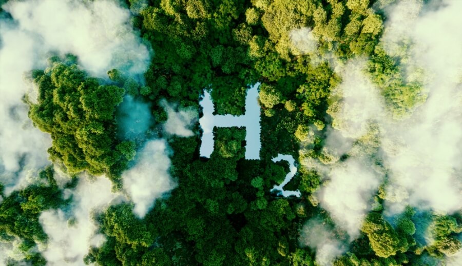 Symbolbild Wasserstoff, Schriftzug H2 inmitten eines Waldes