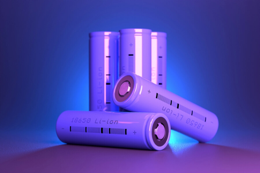5 purple cylindrical li-ion batteries type 18650 