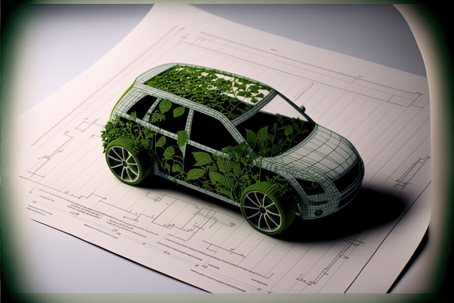 Symbolbild nachhaltige Mobilität, Modell eines Autos, aus dem Pflanzen sprießen