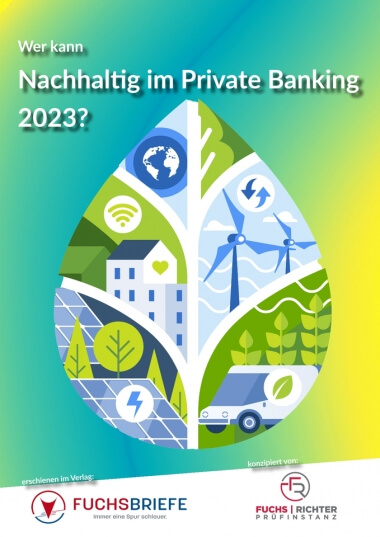 Cover zu "Wer kann 'Nachhaltig im Private Banking' 2023": Ein illustriertes Baum-Blatt mit nachhaltigem Verhalten innerhalb der Blattsegmente