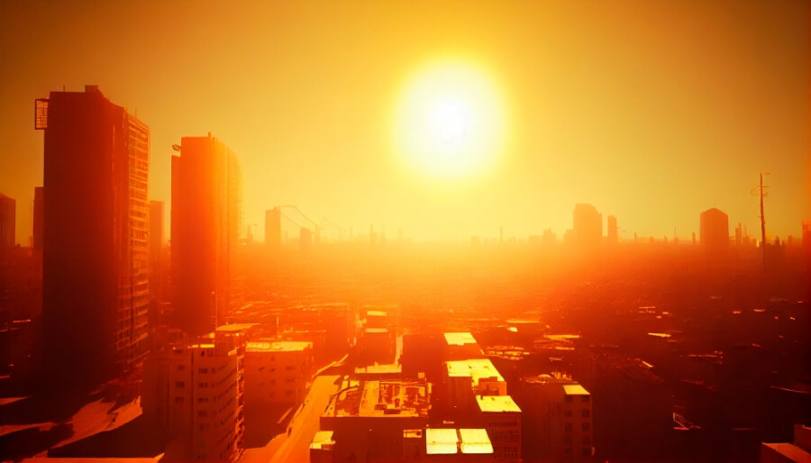 Glühend heiße Sonne über eine Stadt. Symbolbild Hitzewelle, erstellt mit KI.