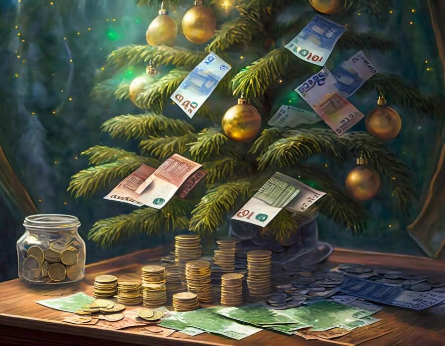 Weihnachtsbaum, behangen mit Banknoten. Unter dem Baum liegen Münzen.