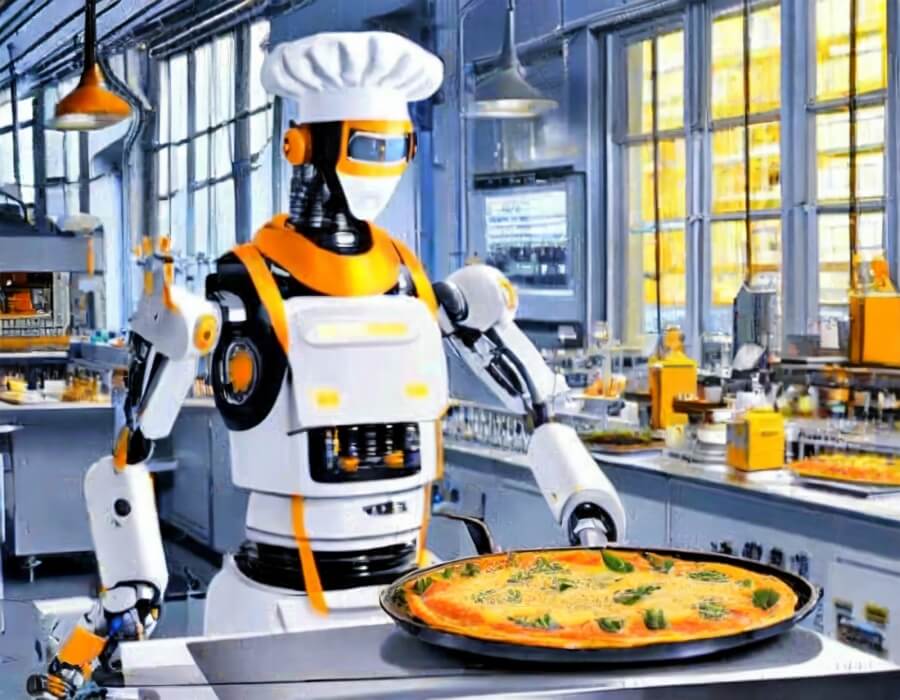 Roboter in einer futuristischen Restaurantküche bereitet eine Pizza zu. KI-generiertes Bild, erstellt mit Adobe Firefly.