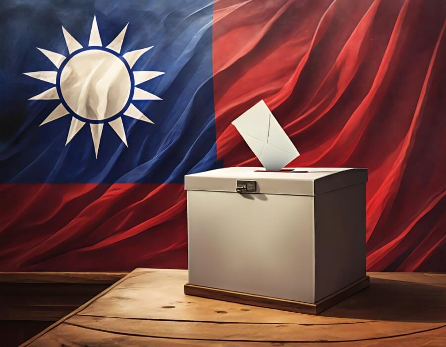 Symbolbild Wahlen in Taiwan. Im Vordergrund eine Wahlurne. Im Hintergrund die Flagge Taiwans.