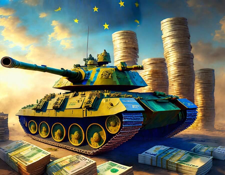 Panzer, im Hintergrund hohe Geldstapel und Flagge der EU.