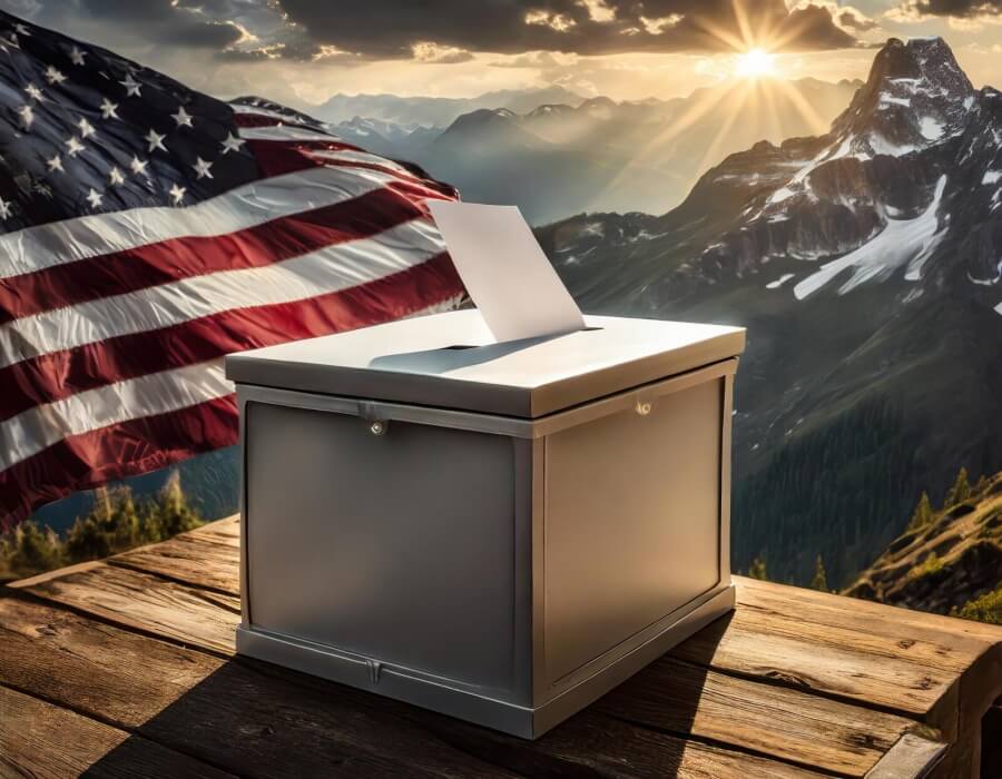 Wahlurne. Im Hintergrund US-amerikanische Flagge und Berge.