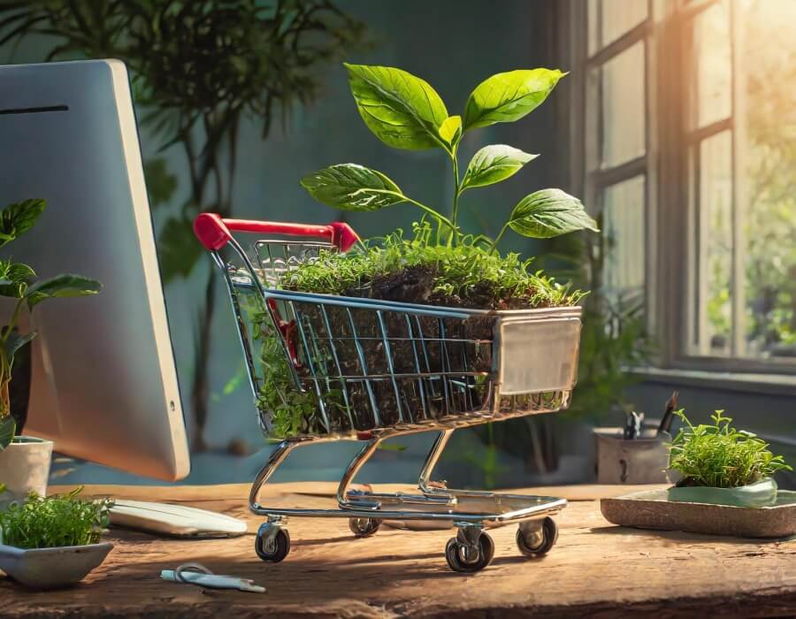 Auf einem Büroschreibtisch steht das Modell eines Einkaufswagens aus dem Pflanzen sprießen als Symbolbild für nachhaltigen Einkauf.