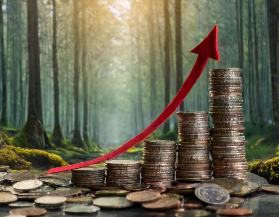 Aufsteigende rote Linie als Symbol für steigende Kosten, im Hintergrund ein Wald.