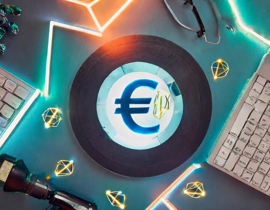 Symbol des Euro neben Computer-Tastaturen und futuristischen Zeichen.