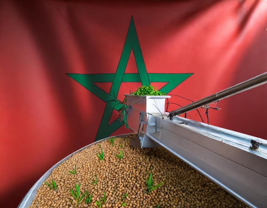Getreide verarbeitende Maschine. Im Hintergrund die Flagge Marokkos.