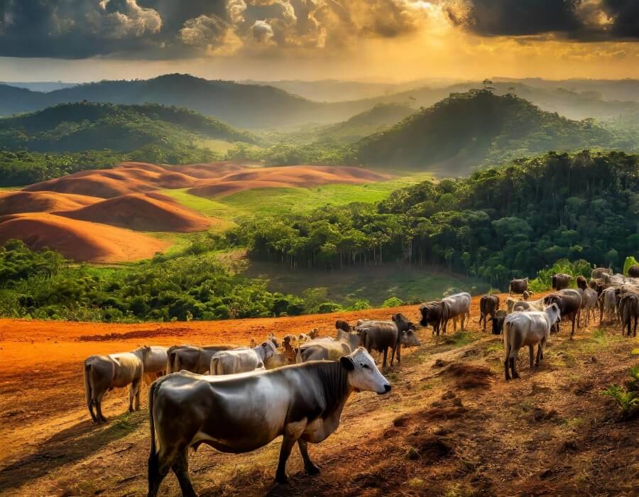Rinder auf einer landwirtschaftlichen Fläche in Brasilien, im Hintergrund der gerodete Regenwald.