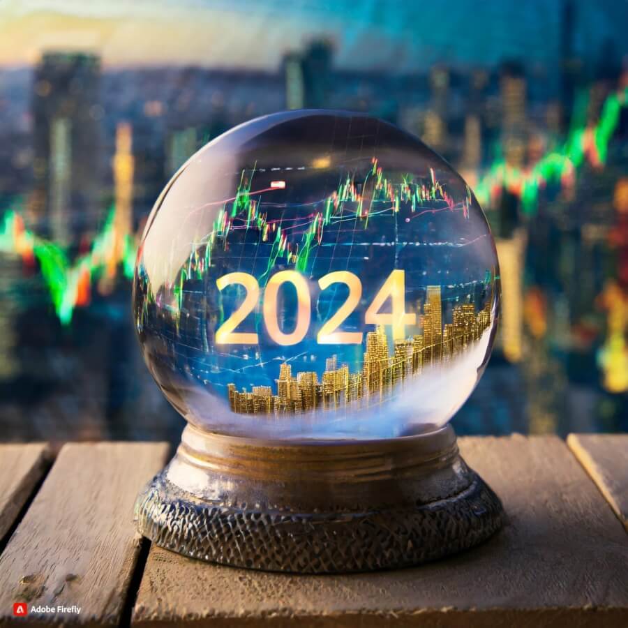 Blick durch eine Glaskugel mit Börsenchart und Schriftzug 2024