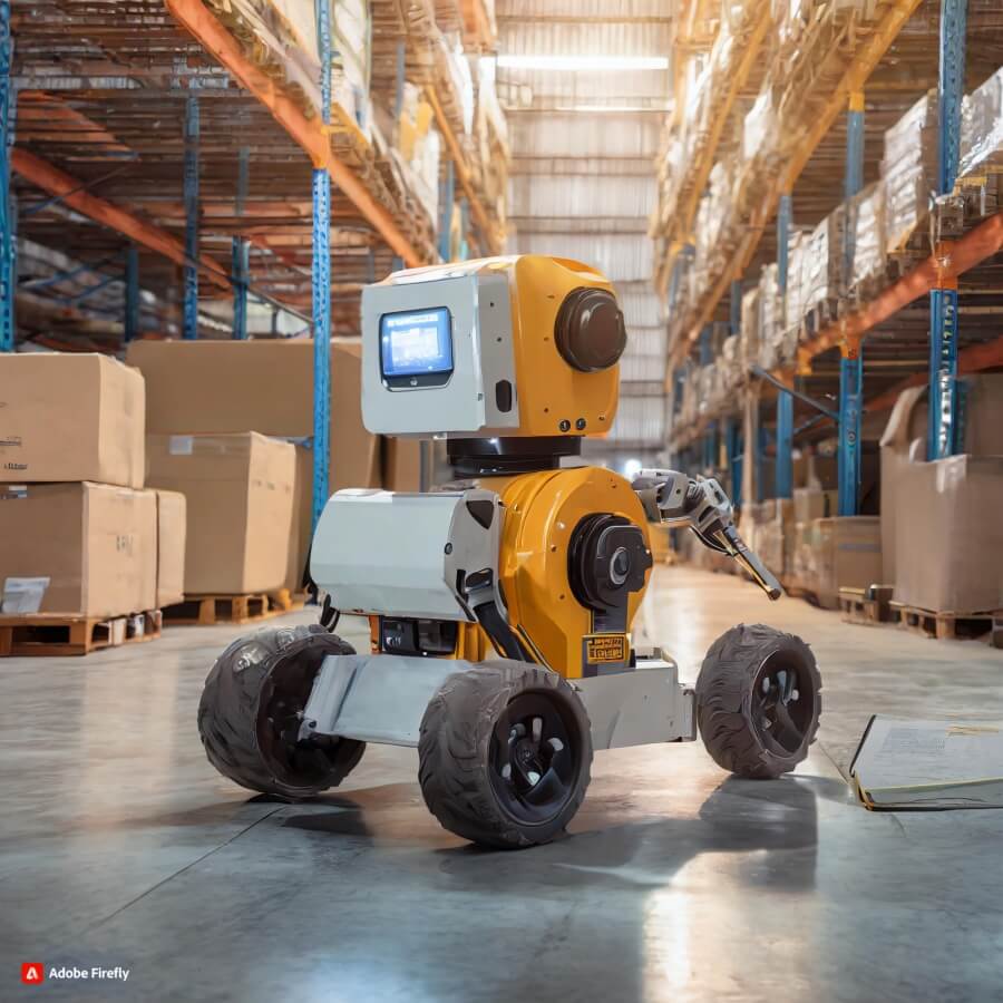 Mobiler Roboter der sich in einer Lagerhallte bewegt als Fotografie