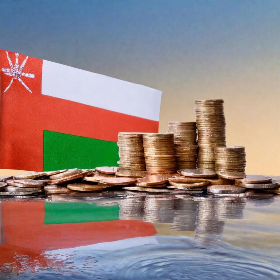  Flagge Omans über einem Münz-Stapel und Wasser 