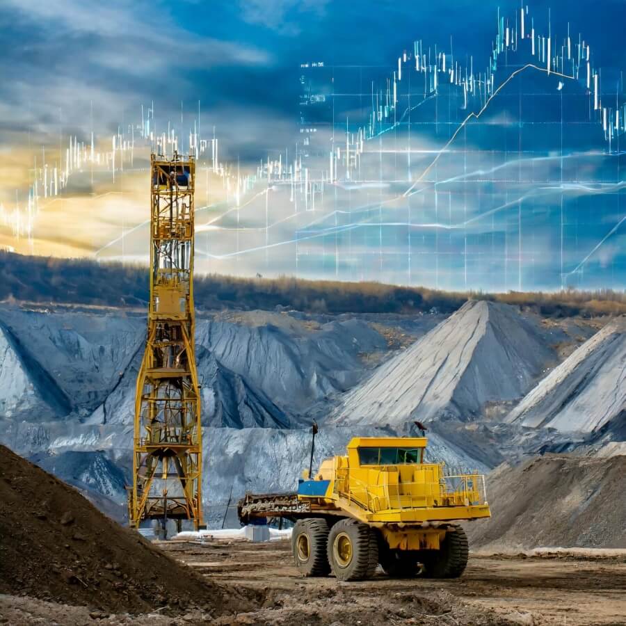 Foto von einer Bergbaustätte und ein Aktienchart im Hintergrund 