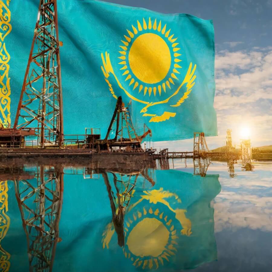 Foto einer Bohrinsel und Flagge Kasachstans gehen verlaufen ineinander 