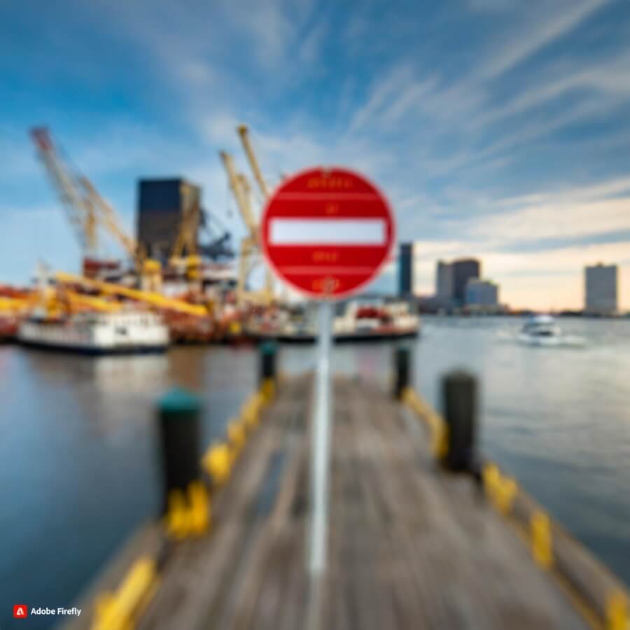 Verschwommenes Bild vom Hafen in Baltimore und Bild von einem Sperrschild verlaufen ineinander