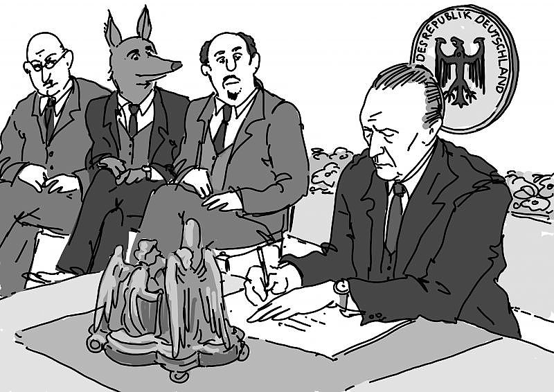 Zeichnung von Konrad Adenauer bei der Unterzeichnung des Grundgesetzes. Der Fuchs sitzt im Publikum.