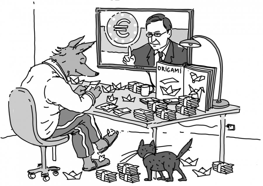 Der Fuchs sieht Mario Draghi im TV und bastelt Origamifiguren aus seinem Geld