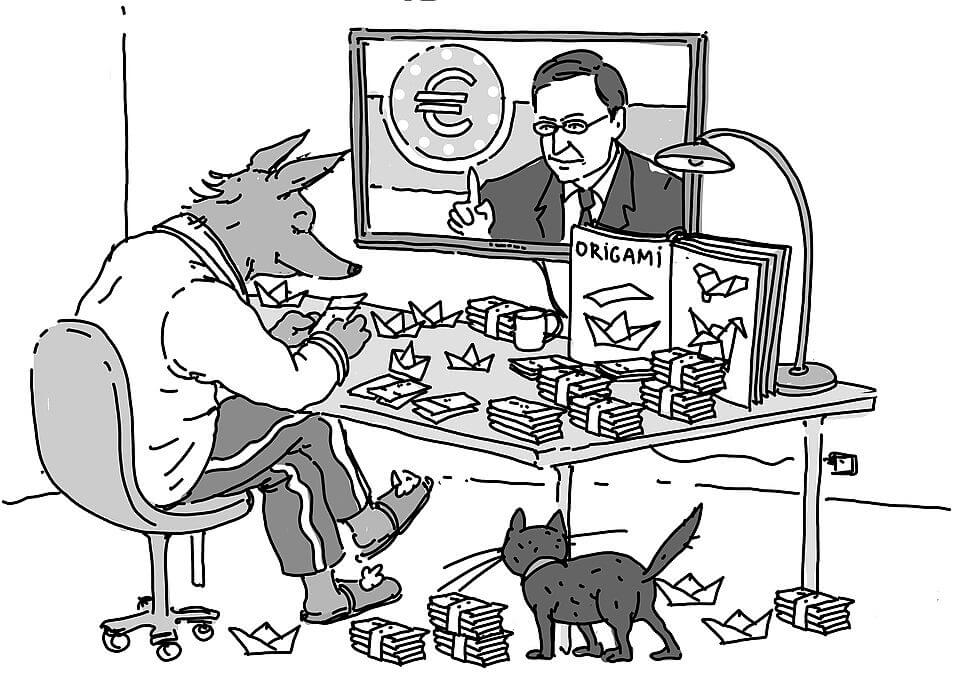 Der Fuchs sieht Mario Draghi im TV und bastelt Origamifiguren aus seinem Geld.